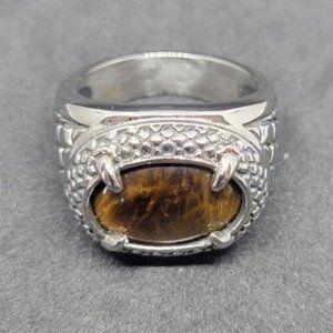 South African Tiger s Eye Stainless Steel Men s Ring (Size 12) - 11.10 ctw.
